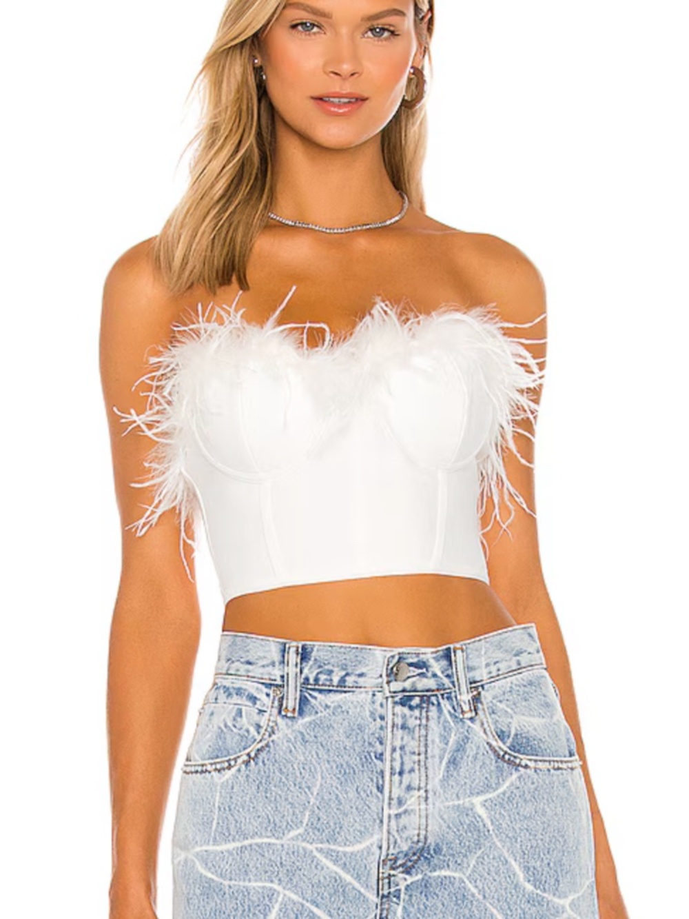 Boohoo White Feather Trim Strapless Bustier